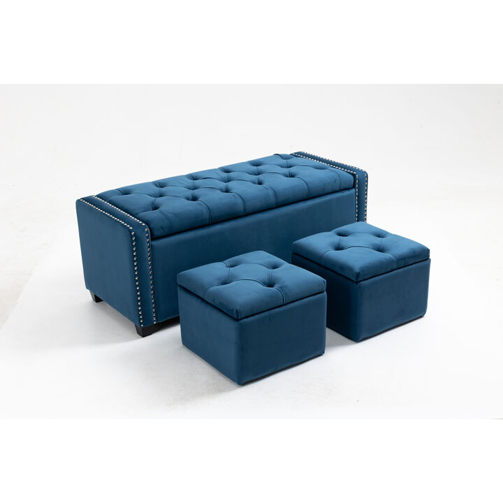 Set of 3 47.5" Wide Upholstered Storage Ottoman with Tufted Top and Solid Wood Legs TEAL