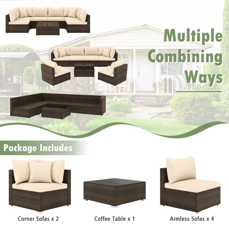 Mondawe 7 Pieces Patio Rattan Furniture Set with Sectional Sofa Cushioned