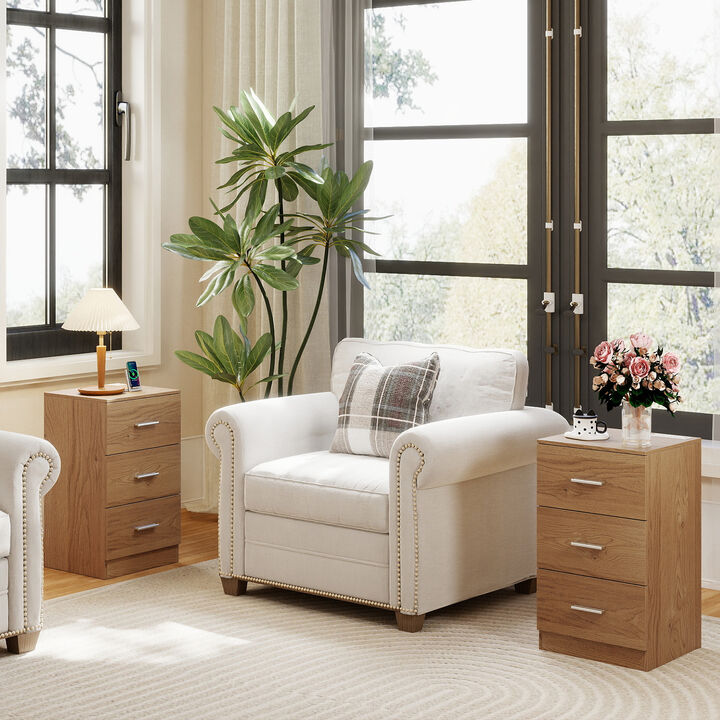 Set of 2 Bedside Nightstands with Charging Station and 3 Storage Drawers