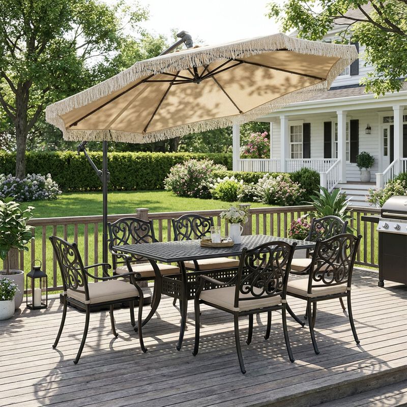 at home offset patio umbrella Mondawe 10ft Patio Offset Hanging Lighted Umbrella with Tassels
