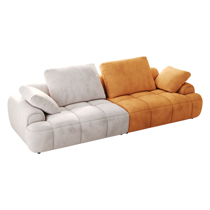 86.6″ Large size two Seat Sofa, Modern Upholstered, Beige paired with yellow suede fabric