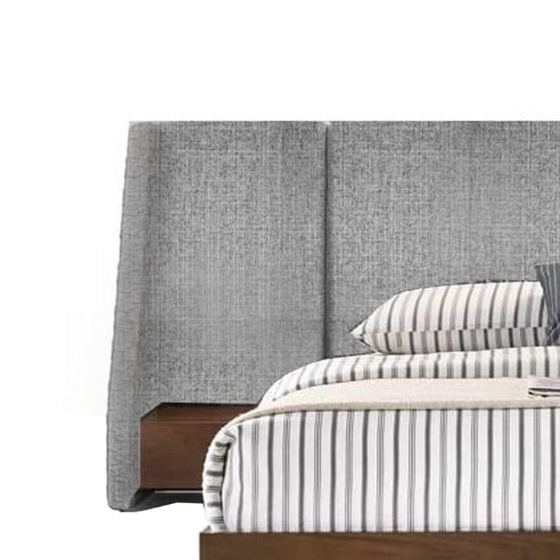 Nie Queen Bed, Gray Upholstered Wide Wall Headboard, Walnut Brown Wood - Benzara image number 2