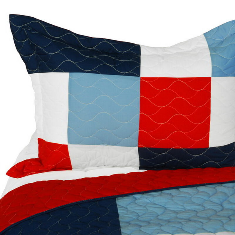 3 PieceVermicelli Quilted QueenSize Quilt Set with Soft Printed Patchwork Pattern-Blue image number 2