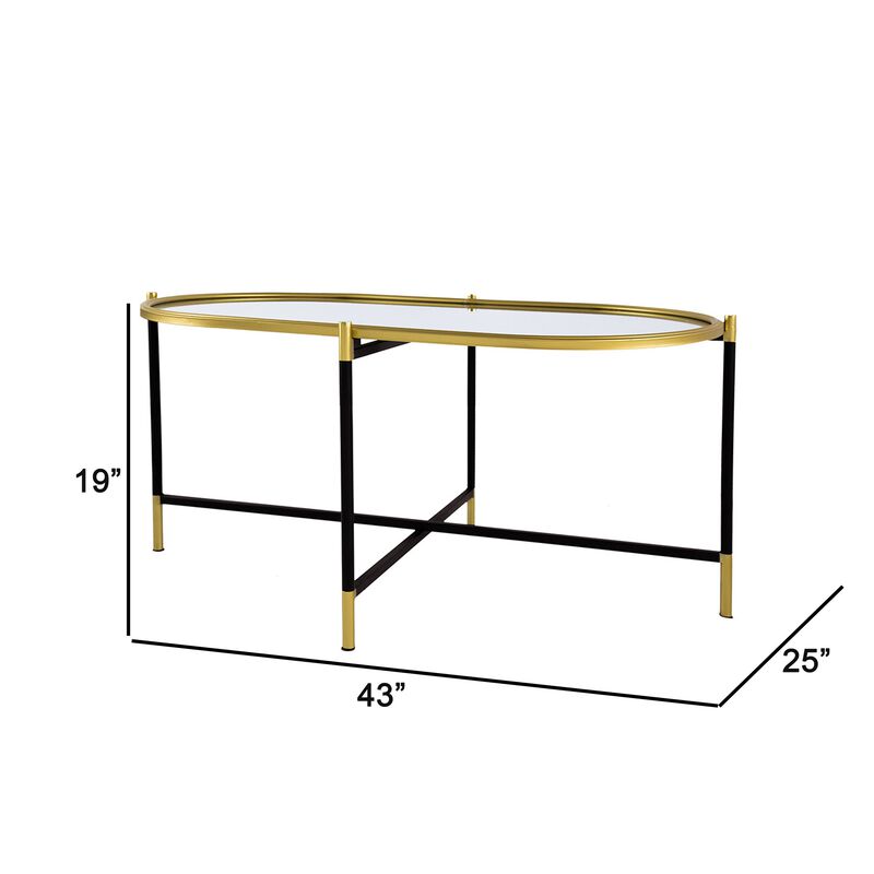 43 Inch Elongated Mirror Top Coffee Table, Iron Frame, Gold Finish, Black-Benzara