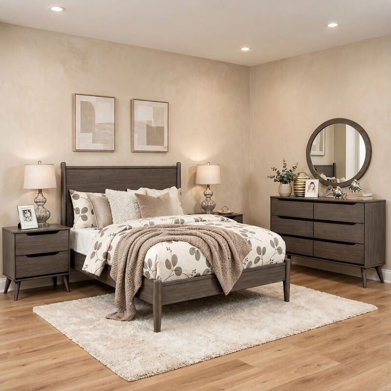 Leyla 5pc Queen Bedroom Set, 2 Nightstands, Oval Mirror, Gray Wood image number 6