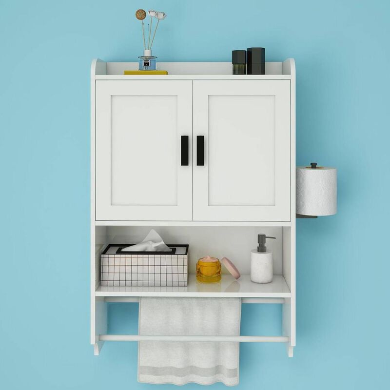Hivvago White Bathroom Wall Cabinet with Towel Bar and Storage Shelf image number 5