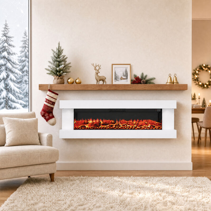 Mondawe Stylish Electric Fireplace Integrated 3-Sided Fireplace with 60" Suspended Light Mantel with Remote Control, White image number 2