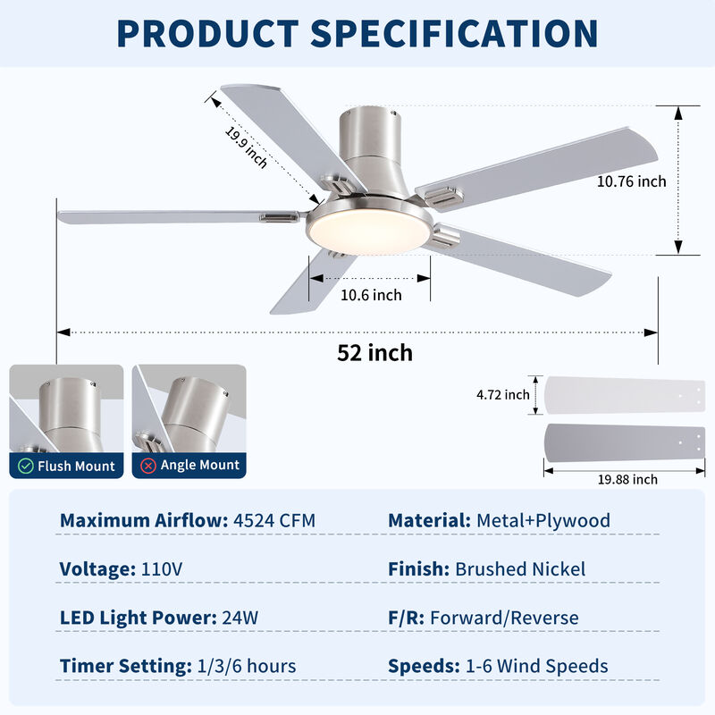 52 Inch Modern Brushed Nickel Flush Mount Ceiling Fan with LED Light and Remote, 6 Speed Indoor Fan image number 3