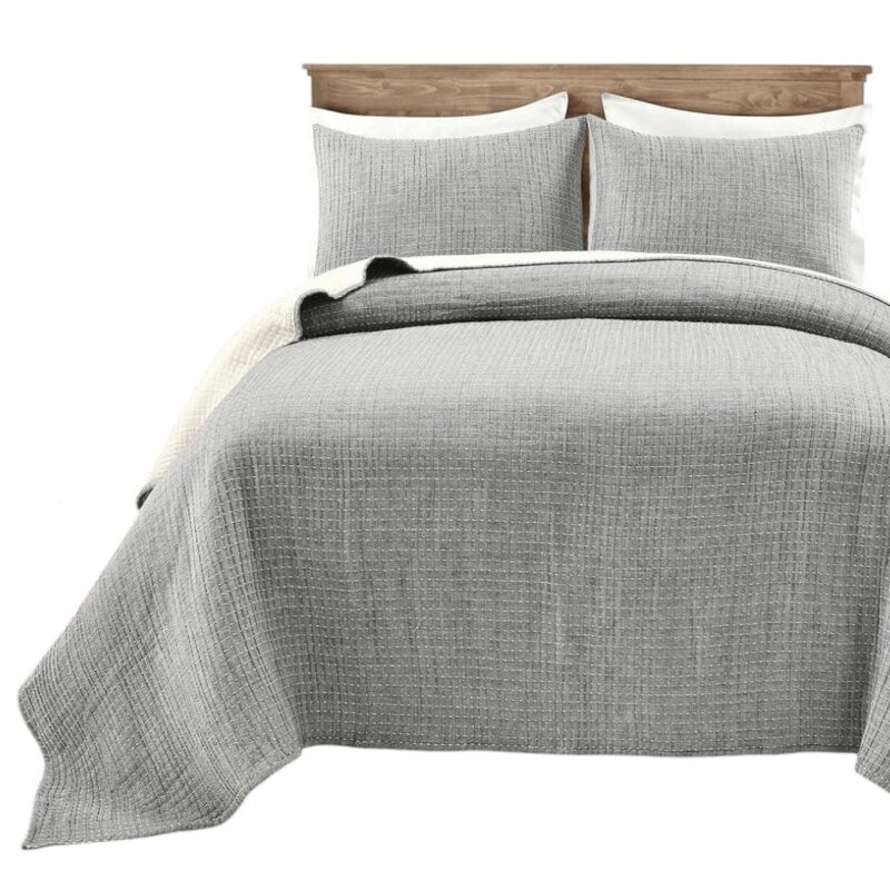 Hivvago Reversible Cotton Yarn Woven Quilt Set in Grey Cream