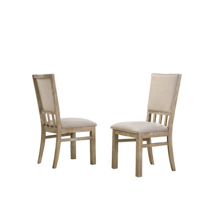 22 Inch Wood Dining Chairs Set of 2, Beige Cushioning, Slatted Low Back - Benzara