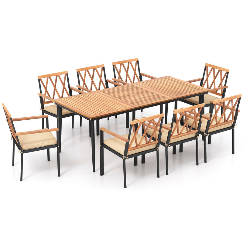 9 Pieces Patio Dining Set with Umbrella Hole and Seat Cushions