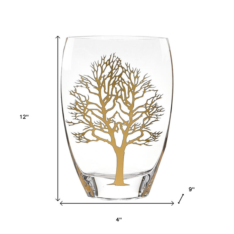 Elegant Mouth Blown Glass Vase with Tree of Life Design for Flowers