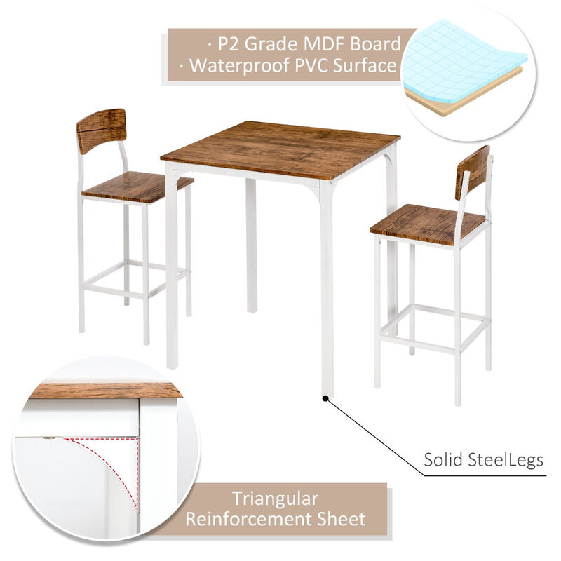 Modern 3 Piece Dining Set,  Dining Room Set with Wood Grain Effect, 2 Chairs, and Smooth Surface, Small Dining Table for 2, Brown/White