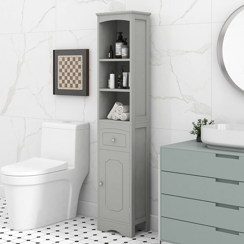 Whisen Verticle Bathroom Cabinet, Freestanding Storage Cabinet with Drawer and Adjustable Shelves