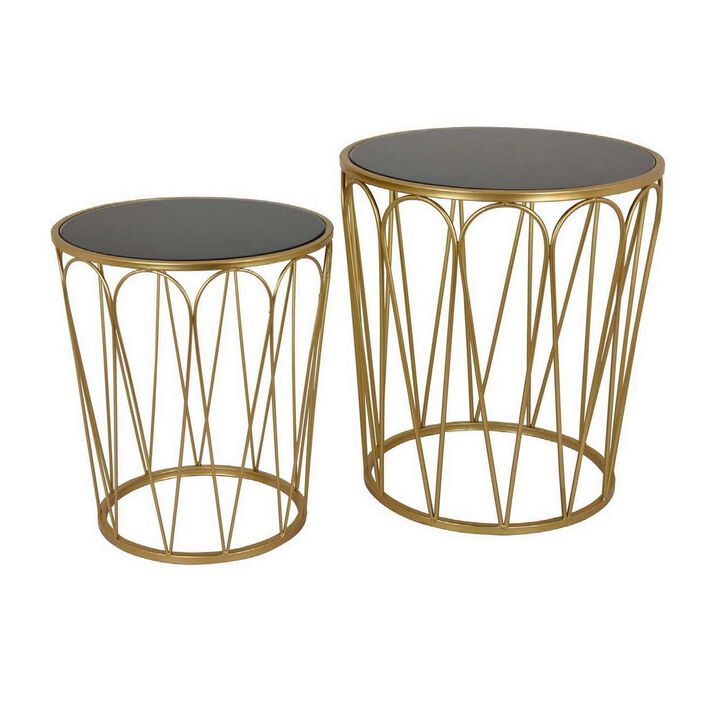 Kiko Accent Table Set of 2, Round Top, Unique Angled Shape, Gold Metal - Benzara