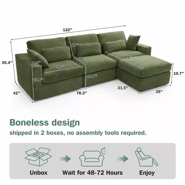 Vipbear 122 Inch L Shaped Chenille Modular Cloud Sectional Sofa with Movable Ottoman, Living Room