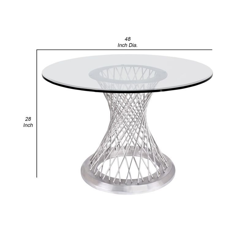 Round Glass Top Dining Table with Metal Mesh Base, Silver-Benzara image number 4