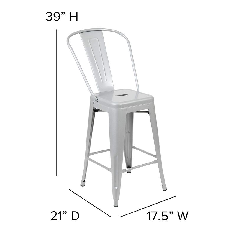 Flash Furniture Commercial Grade 24" High Silver Metal Indoor-Outdoor Counter Height Stool with Removable Back image number 2