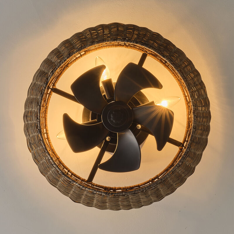 19.7" Boho Black Handwoven Rattan Caged Ceiling Fan with Light and Remote image number 6
