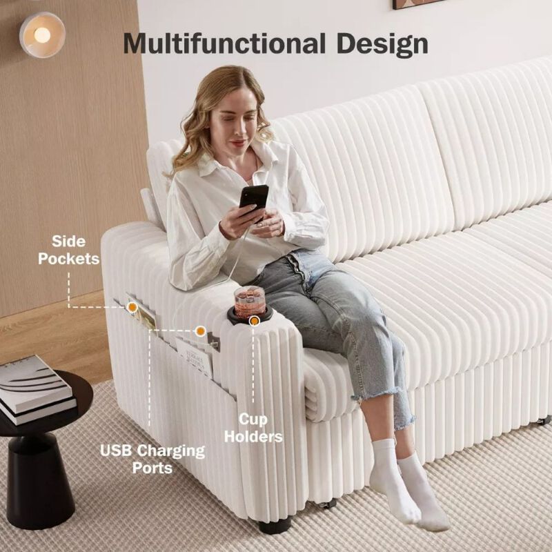 91" Convertible Sleeper Sofa Bed, Loveseat with 5-Level Reclining Backrest, Pull-Out Bed, USB Ports image number 8