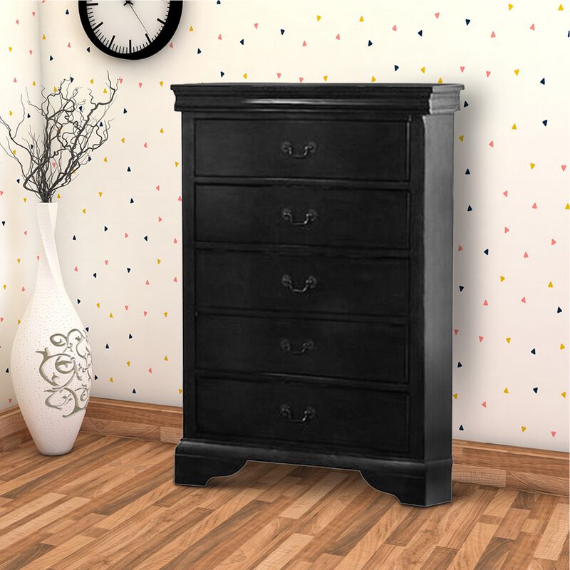 Traditional Style Wooden Chest with Five Drawers, Black-Benzara