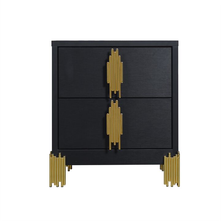 Theo Nightstand, 2 Drawers, Retro Gold Handles and Black Wood, 25 Inch - Benzara
