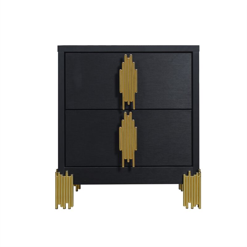 Theo Nightstand, 2 Drawers, Retro Gold Handles and Black Wood, 25 Inch - Benzara