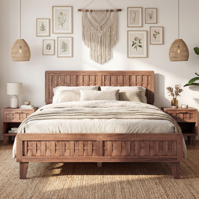 Wooden Bed Frame with Woven Accent Headboard for Modern Bedroom-Walnut image number 7