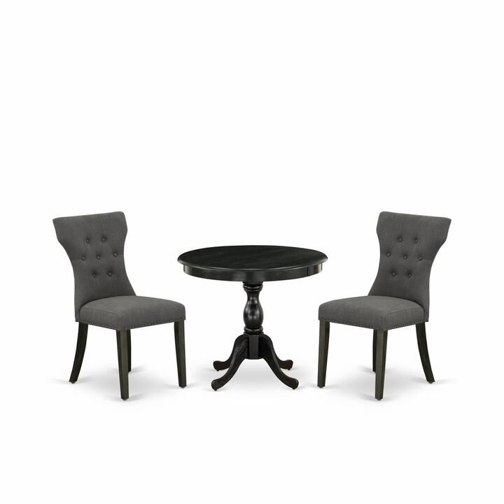 East West Furniture 3 Piece Dining Set Contains 1 Dining Table and 2 Dark Gotham Grey Linen Fabric Dining Chairs Button Tufted Back with Nail Heads - Wire Brushed Black Finish
