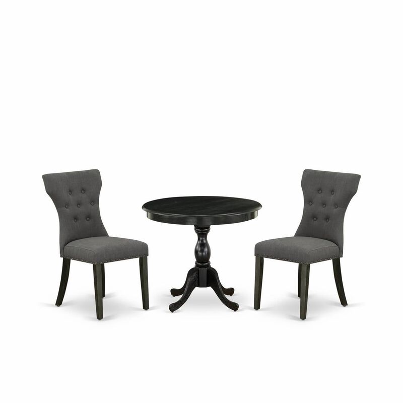 East West Furniture 3 Piece Dining Set Contains 1 Dining Table and 2 Dark Gotham Grey Linen Fabric Dining Chairs Button Tufted Back with Nail Heads - Wire Brushed Black Finish