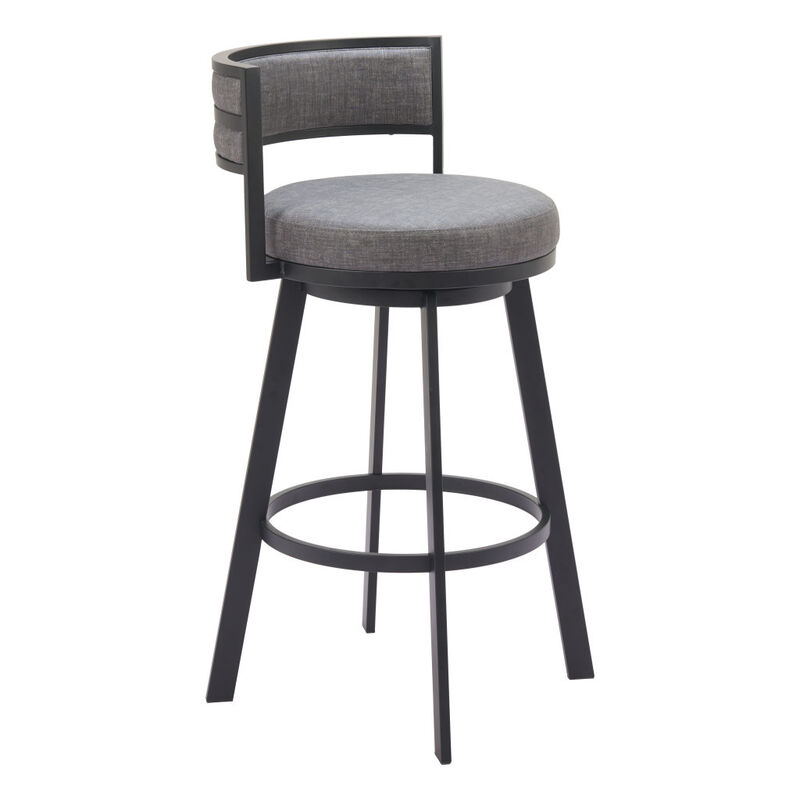 HomeRoots 31" Gray and Black Fabric and Steel Low Back Bar Height Swivel Bar Chair