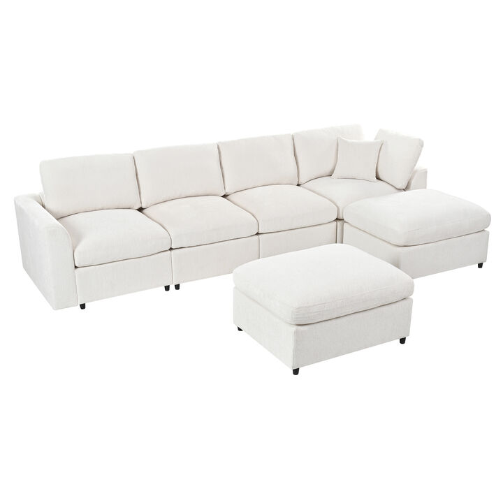 Merax Large 6-Seater Chenille Sectional Sofa with 2 Ottomans, High-Density Foam & Pocket Springs