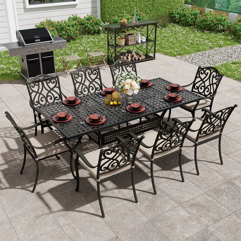 Mondawe 9 Piece Outdoor Dining Set Cast Aluminum with 1 Rectangle Expandable Table 8 Pieces Dining Chairs with Cushion Beige image number 1