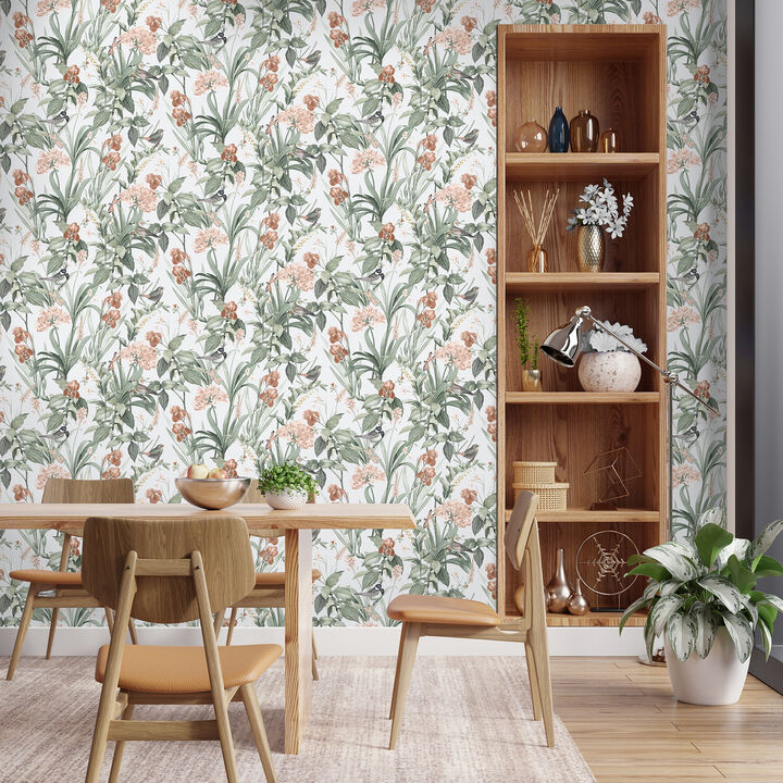 Mint Birds and Dragonflies Botanical Wallpaper
