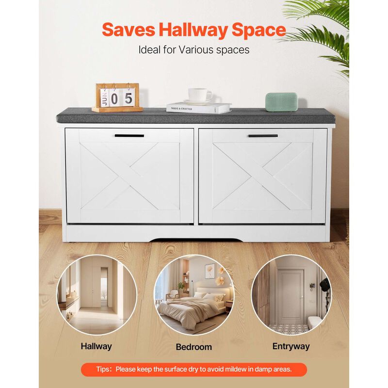 Entryway Shoe Storage Bench with Cushion, Flip Drawers and Shoe Organizer Rack image number 4