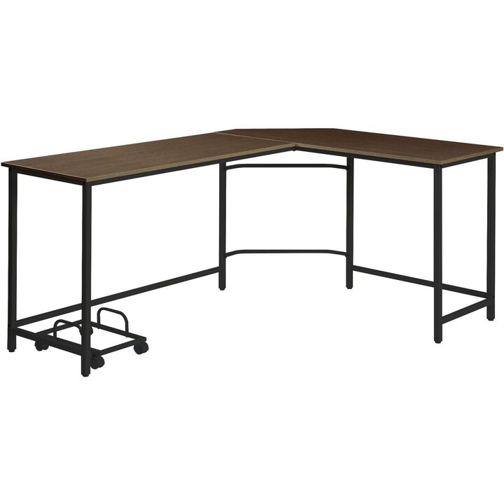 L Shape Computer Desk with CPU Holder and Casters, Brown-Benzara