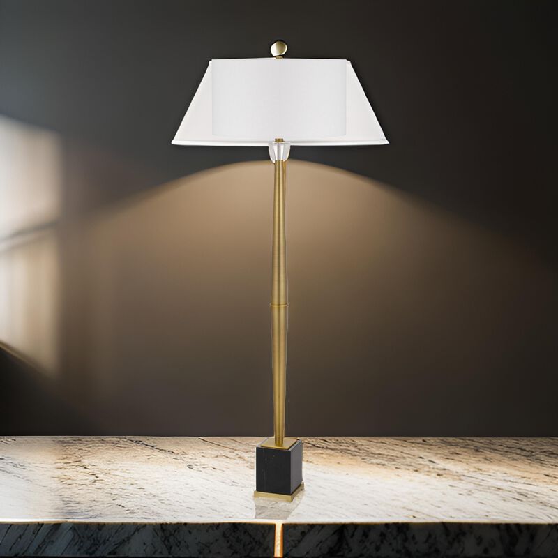 62 Inch Floor Lamp with White Drum Shade, Marble Base, Crystal, Brass - Benzara