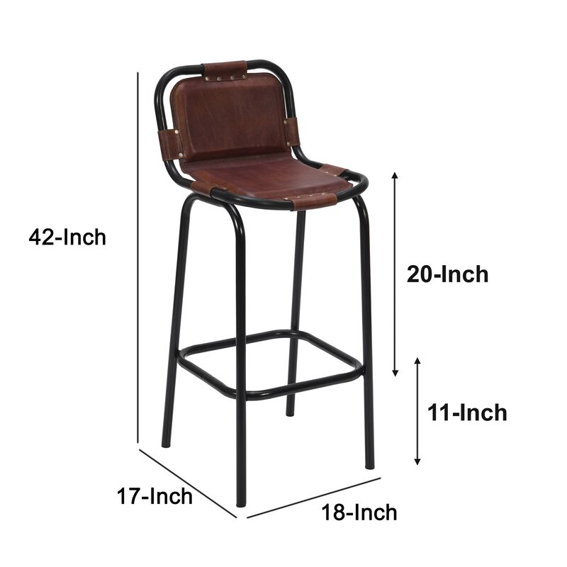 31 Inch Bar Height Chair, Brown Genuine Leather Upholstery, Black Iron Metal Frame-Benzara