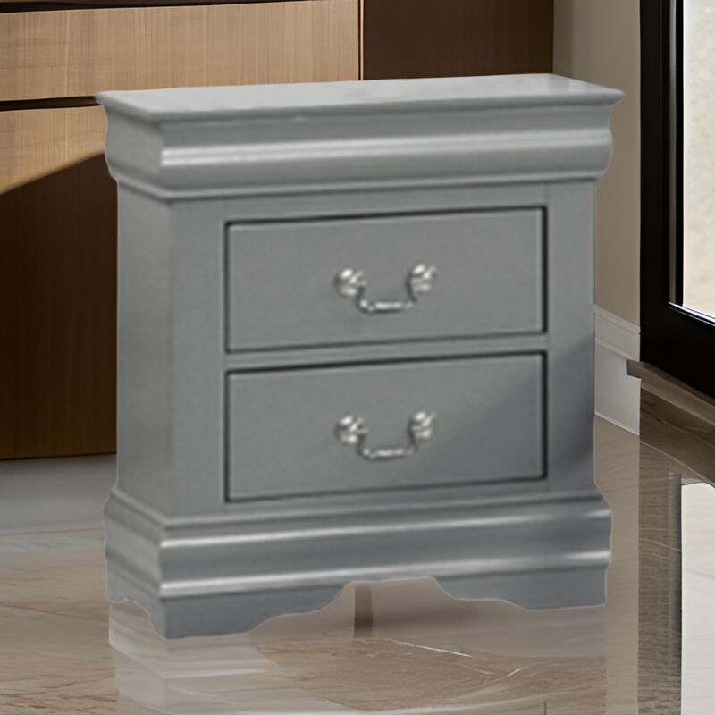 Ryla Nightstand, 2 Drawers, Light Gray Solid Wood, Nickel Drop Handles - Benzara