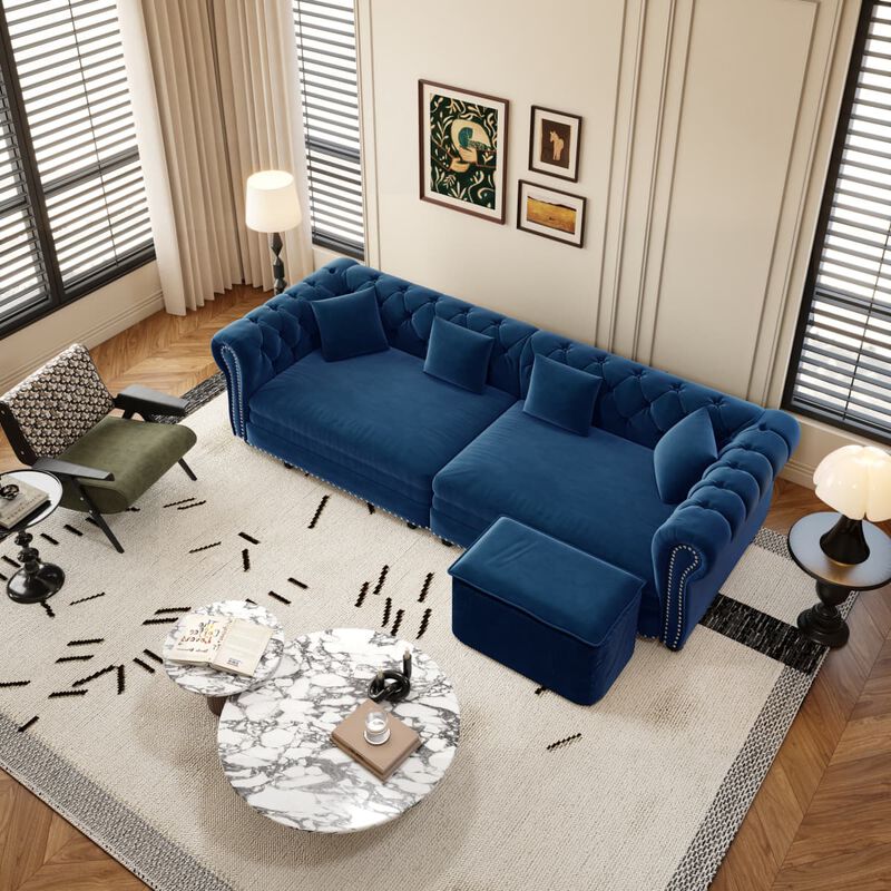 3-in-1 Pull-Out Sleeper Sofa, Velvet Chesterfield Sofa with Rolled Arms and Tufting, 89 Inch Convertible Sofa Bed with Ottoman image number 1