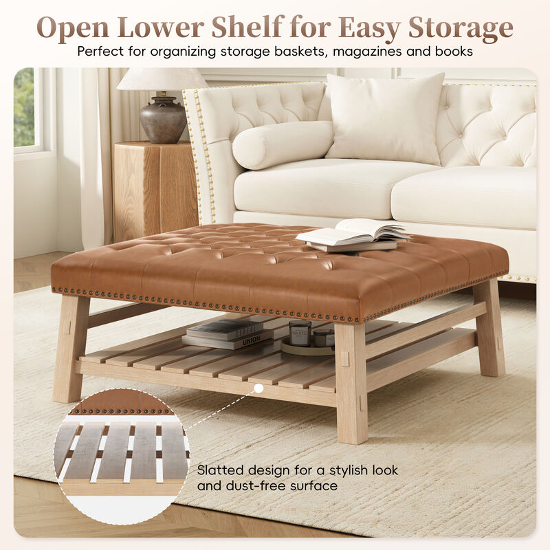 Merax Tufted Ottoman Coffee Table with Nailhead Trim & Storage Shelf &ndash; Solid Wood Legs image number 7