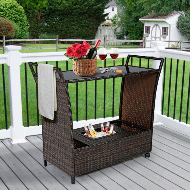 Hivvago Patio Rattan Bar Serving Cart with Glass Top and Handle