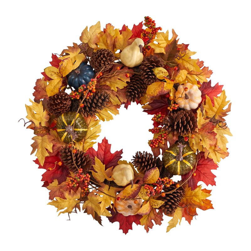 Nearly Natural 26-in Fall Pumpkin, Gourd, Pinecone and Maple Leaf Artificial Autumn Wreath