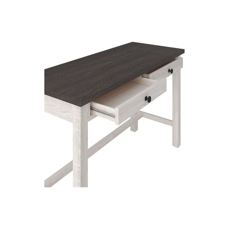 Wooden Writing Desk with Block Legs and 2 Storage Drawers, Gray and White-Benzara