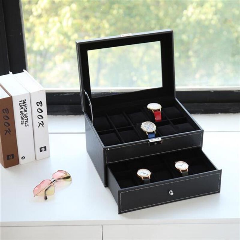 Lockable 20-Slot Watch Box for Men with Glass Top Display & Organizer
