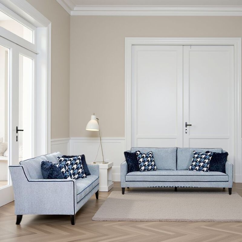 Colin 2pc Sofa and Loveseat Set, 8 Throw Pillows, Gray, Blue Polyester - Benzara