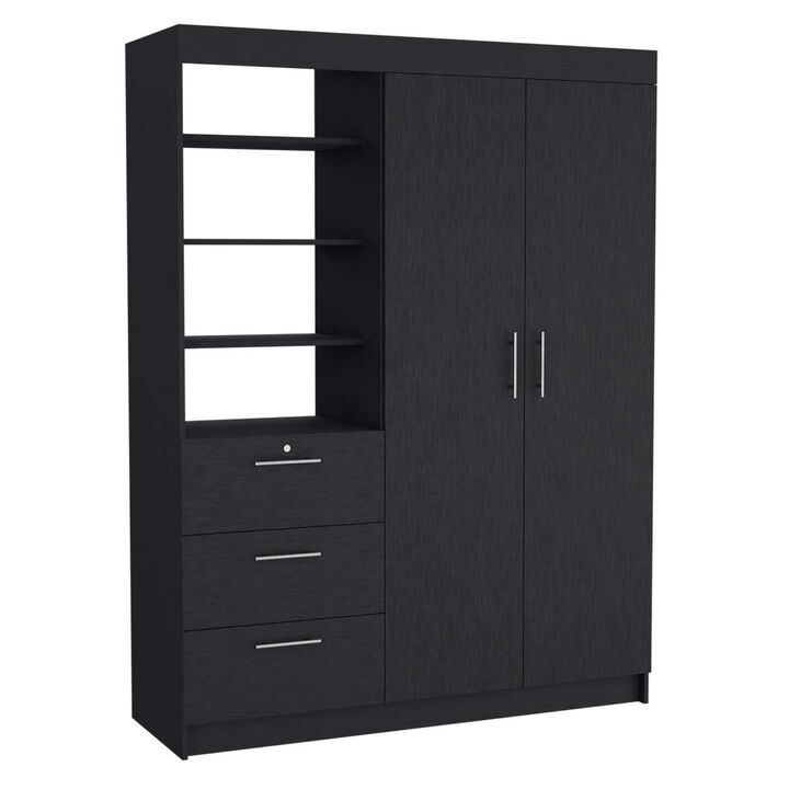 Kenya 3 Drawers Armoire, Double Door, 3-Tier Shelf -Black