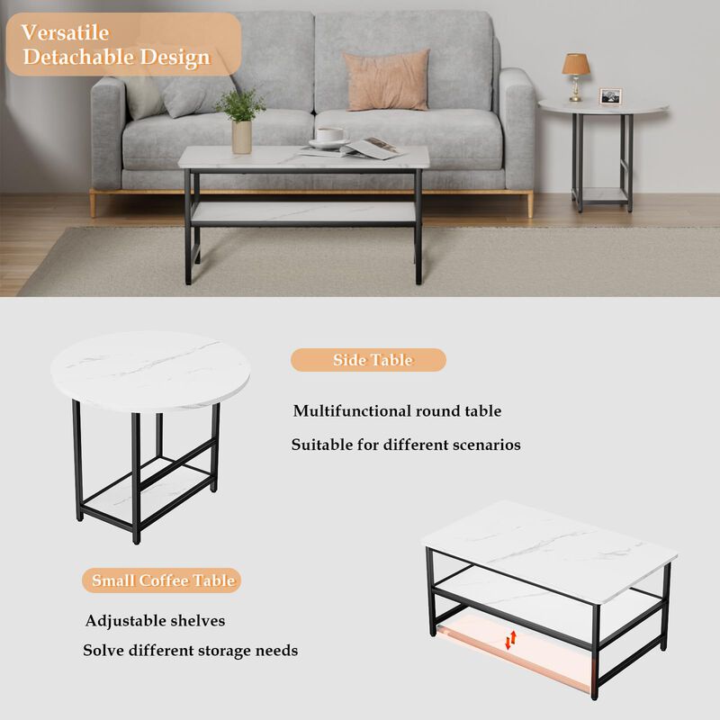 WOHOMO Coffee Table, White Modern Coffee Tables for Living Room, Detachable 2 Small Coffee Tables, Faux White Marble