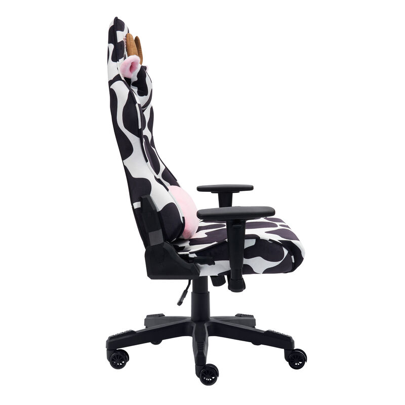 HomeRoots Black White And Pink Cow Print Adjustable Height Swivel Rolling Gaming Chair image number 3