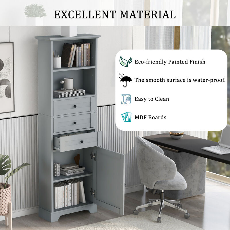 Grey Tall Storage Cabinet with 3 Drawers and Adjustable Shelves for Bathroom, Kitchen and Living Room, MDF Board with Painted Finish